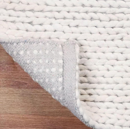 FRELISH DECOR Wool Cotton Area Rug for Living Room and Bedroom, 6'x9' Handwoven Braided Chunky Knit Cable Rugs, Farmhouse Contemporary Area Rug: Wool Ivory Premium