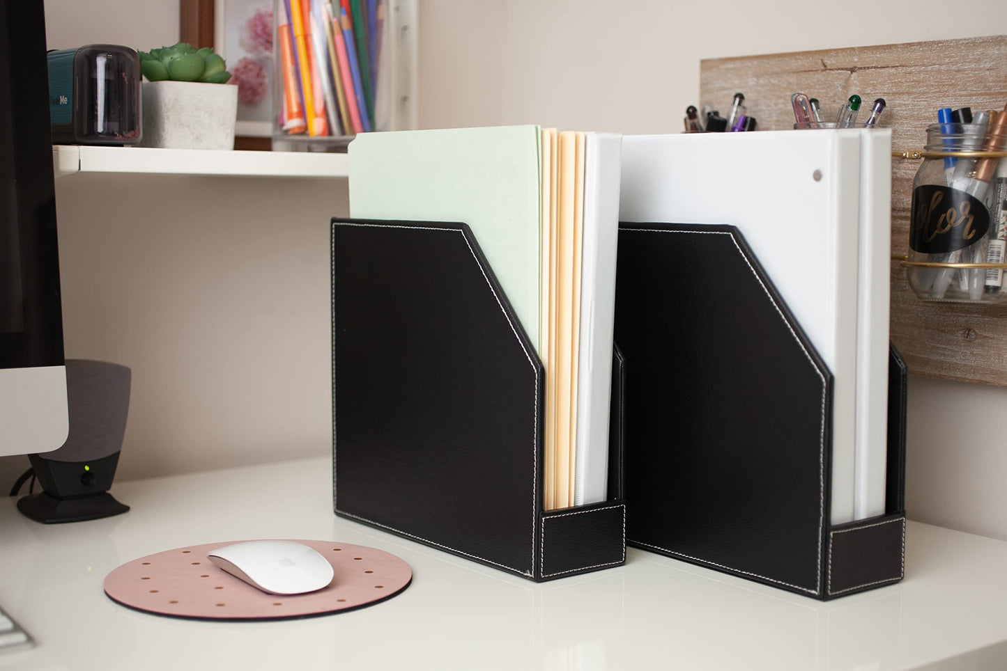 MobileVision Executive Leather Vertical File Folder Holder & Office Product Organizer, Store Files, Magazines, Notepads, Books and more, 2 Pack Combo Set