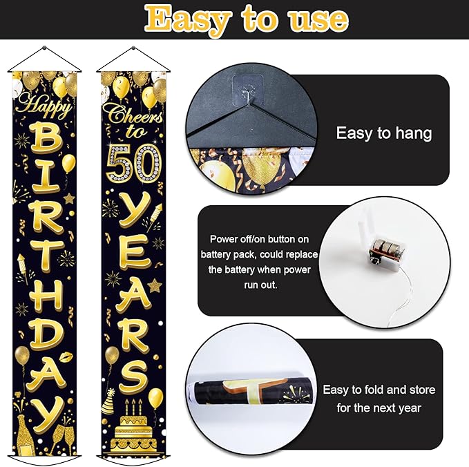 50th Birthday Party Banner Lighted Decorations for Women Men 50 Year Old Lighted Door Banners Black Gold Cheers to 50 Years Birthday Party Supplies Porch Sign with LED Light for Outside Light Decor