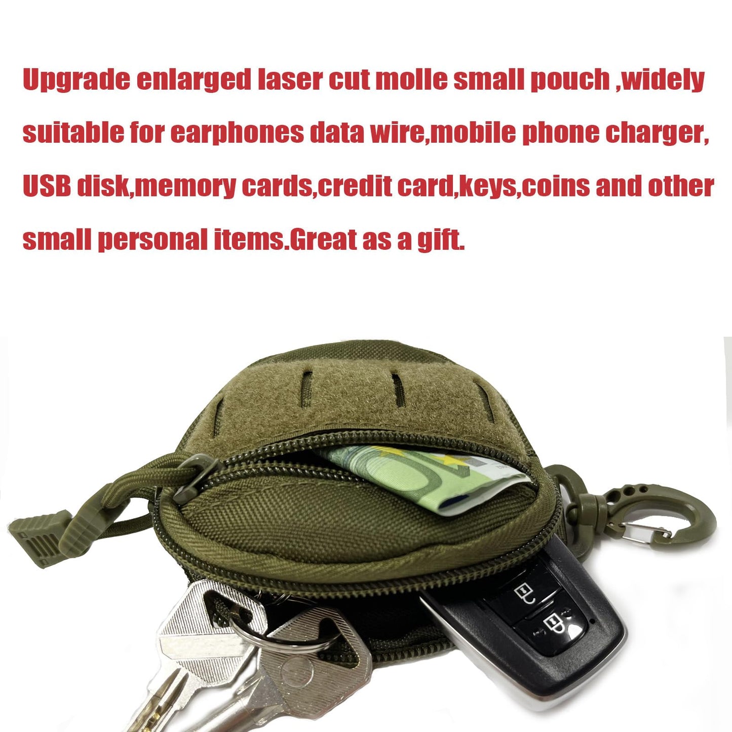 1000D Laser Cut Molle Pouch EDC Pouch Tactical Round Zipper Bag Case Coin Pouches Coin Purse Keychain Little Change Wallet Wireless Headset Pack Gadget Bag (Army Green)