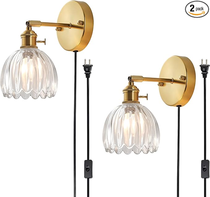 Plug in and Hardwired Wall Sconces, Luxury Vintage Tulip Crystal Glass Shade Wall Light with Switch for Bedside Bedroom Living Room (Tulip-Clear, 2)
