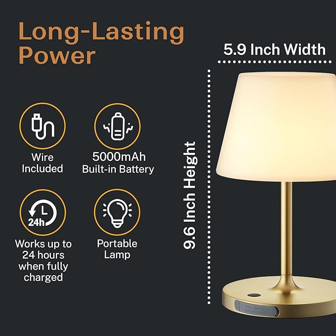 Outdoor Battery Operated Table Lamp & Power Bank - 5000mAh Rechargeable Battery Powered, Touch Dimmable, 3 Color Temperatures, IP44 Waterproof Lamp Light for Home, Patio Use - 9.6 In Modern Brass