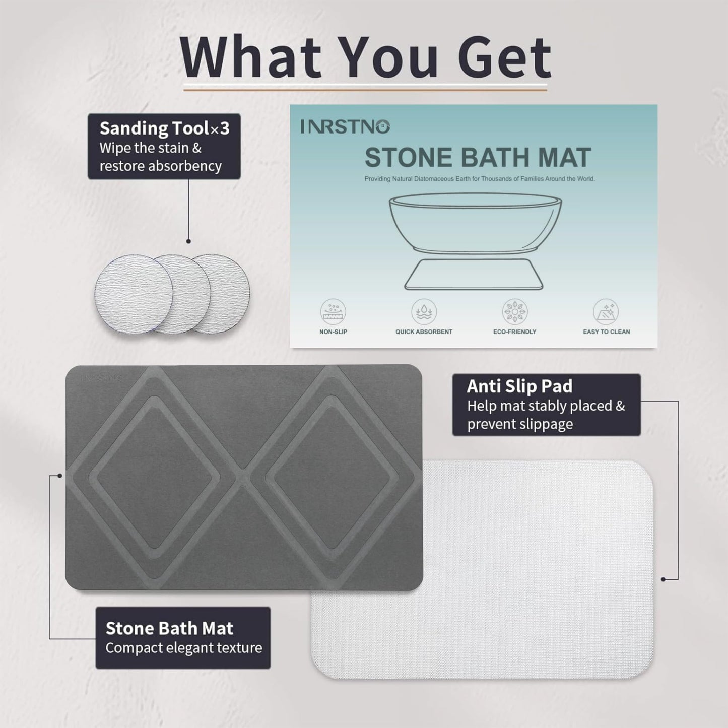 INRSTNO Premium Stone Bath Mat, Diamond Pattern, Quick Dry Diatomaceous Earth Bath Mat for Bathroom, Super Absorbent, Non-Slip & Easy to Clean, Large 31.5" x 20"