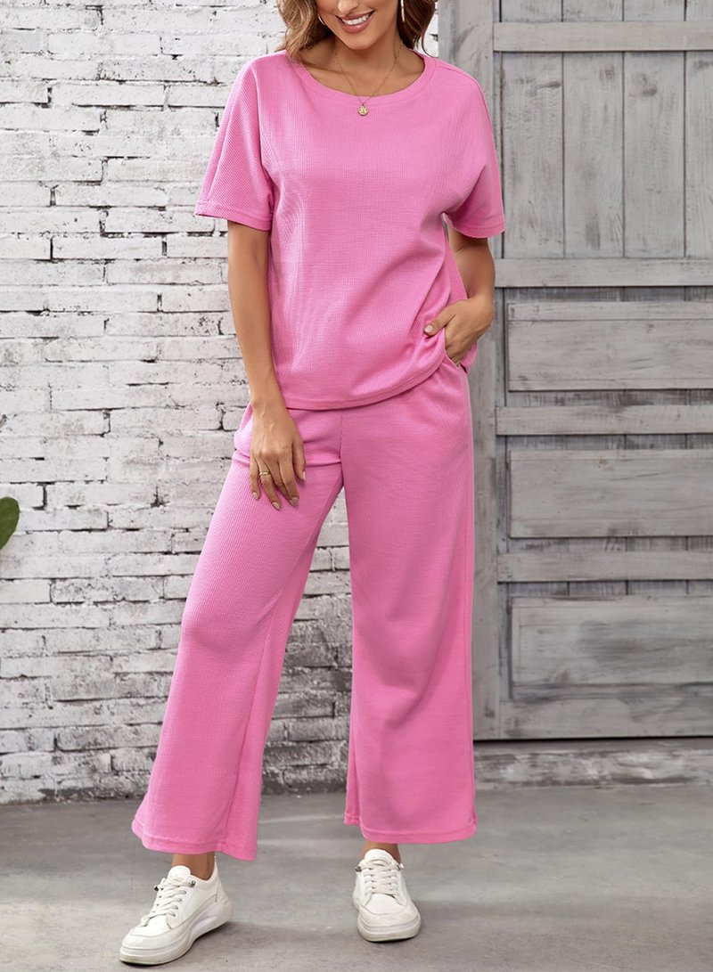 SHEWIN Women's Two 2 Piece Outfits Sweatsuit Lounge Sets for Women 2025 Short Sleeve T Shirts Casual Loose Pants Comfy Tracksuit Set Spring Clothes Pink M