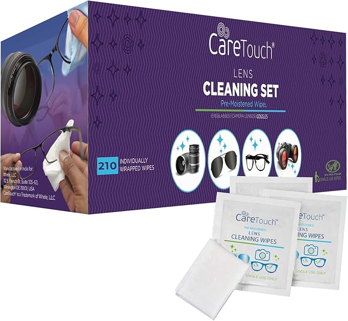 Care Touch Lens Wipes for Eyeglasses- 210 Count Individually Wrapped Pre-