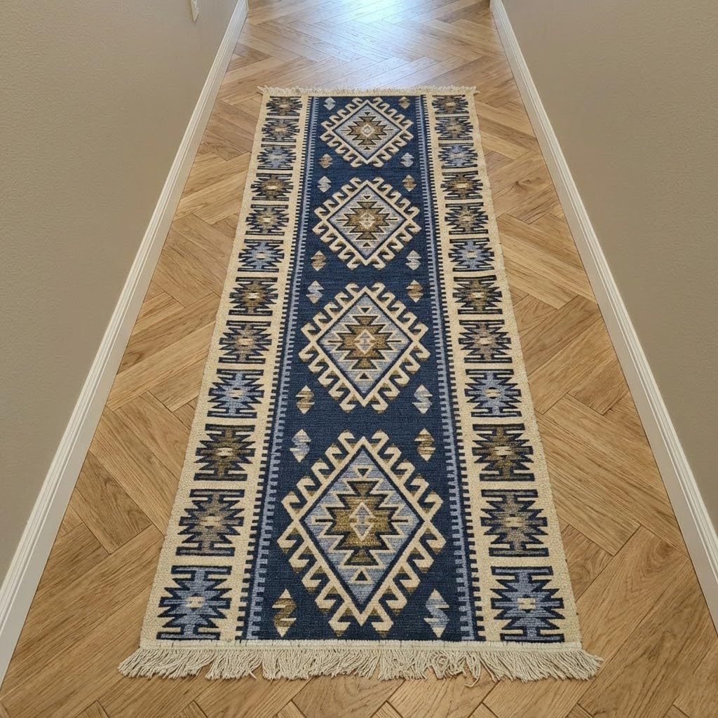 Turkish Kilim Rug, Vintage Bohemian Geometric Pattern, Blue and Beige, Reversible, Washable – Area Rug for Living Room, Hallway or Entryway, 2' x 4'1"