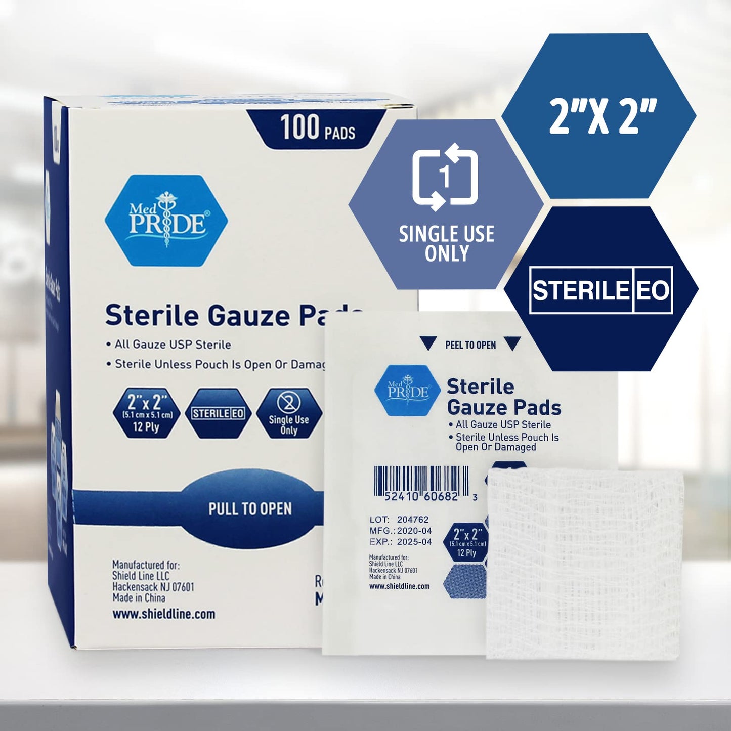 MED PRIDE Sterile Nonstick Gauze Dressing Pads,12-Ply Cotton,2x2 in,100-Ct