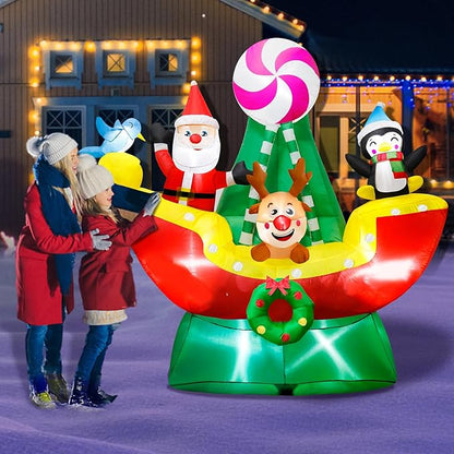 6 FT Christmas Inflatables Animals Sitting on Ship Christmas Blow ups Built in LED Lights Christmas Decorations Inflatables for Christmas Holiday Garden Lawn
