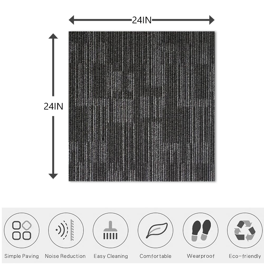 GL Carpet Tiles Reusable 24" x 24" Squares Indoor/Outdoor 0.25" Pile Height Loop Pile, Non Slip Easy DIY Installation Peel and Stick Carpet Tile, (18 Tiles) (72 sqft/Box) (Gray)