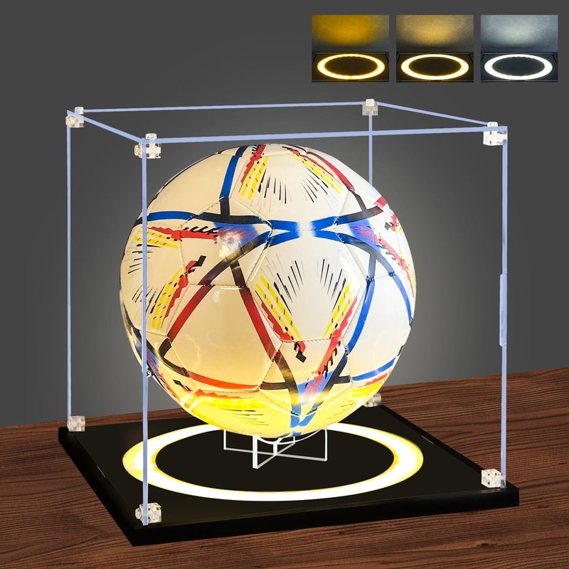 DORYBEN Soccer Display Case with Light,Full Size Acrylic Box with Removable Built-in Ball Display Stand, UV Protected Clear Case for Soccer Fans & Collectors, Sports Collectibles
