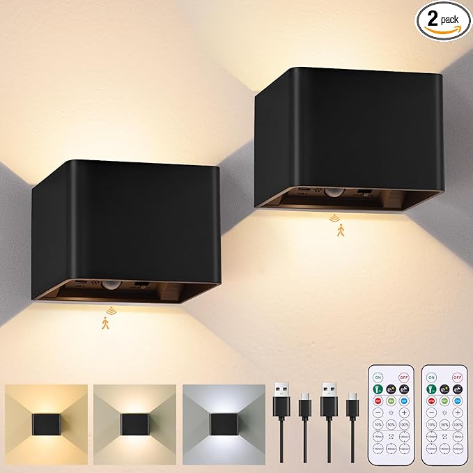 Motion Sensor Wall Sconces with Remote Control, 6000mAh Black Wireless Touch Control Rechargeable Wall Lamps with 3 Color Temperatures, LED Up Down Battery Operated Wall Lights Indoor, 2-Pack