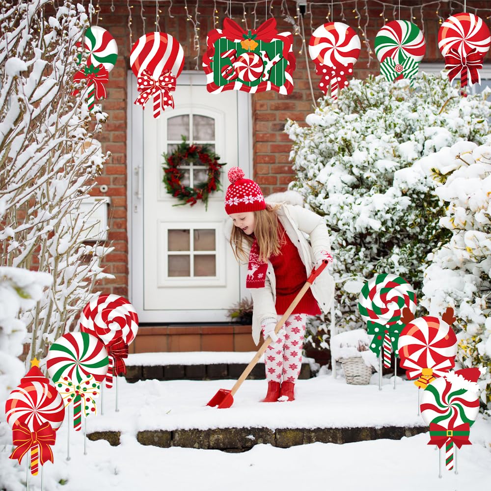 JOICEE Christmas Outdoor Yard Signs Candy Decorations, Peppermint Lollipop Candy Signs with Stakes for Holiday Party Home Lawn Pathway Decorations Supplies