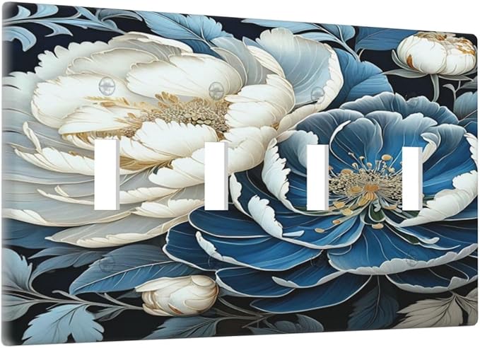White Blue Flower Peonies Light Switch Covers Quad Toggle 4 Gang Wall Plate Decorative Switchplate Electrical Faceplate for Farmhouse Bathroom Living Decor