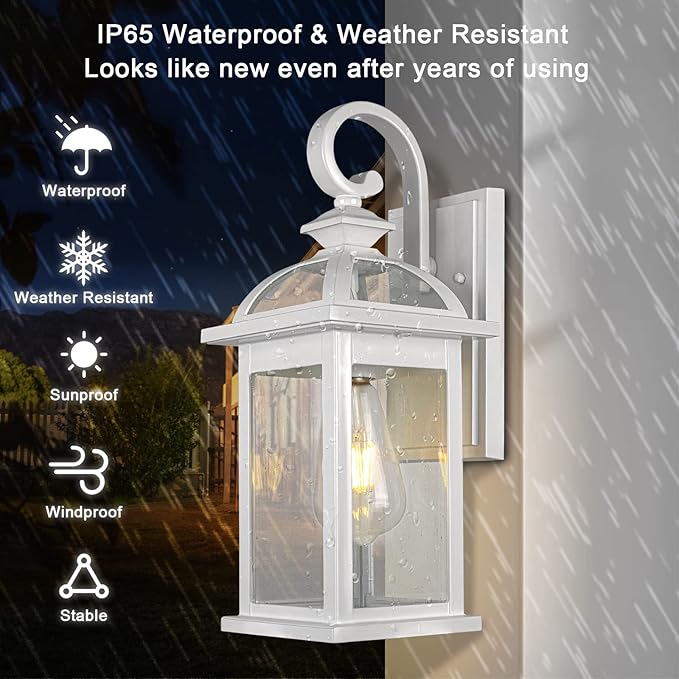 Darkaway Outdoor Lights Fixtures Wall Mount, Outdoor Wall Sconce with Seeded Glass Waterproof Outside Exterior Lights Fixture for House, Front Porch, Patio (2 Pack, White)