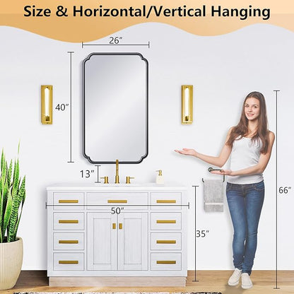 26"x40" Rustproof Bathroom Mirror Black, Round Corner Metal Frame Wall Mirror, Horizontal/Vertical Hanging Over Sink, Bedroom Bathroom Decor