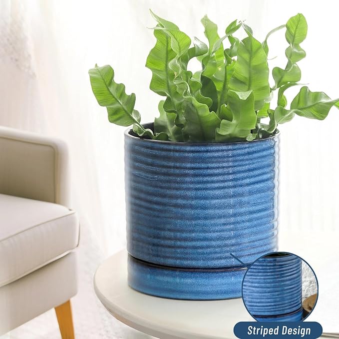 Hasense 6 Inch Plant Pot, Porcelain Planter Pot with Drainage Hole and Tray, Indoor/Outdoor Reactive Glazes Succulent Cactus Planter, Modern Decorative Gifts for Family and Friends, Blue