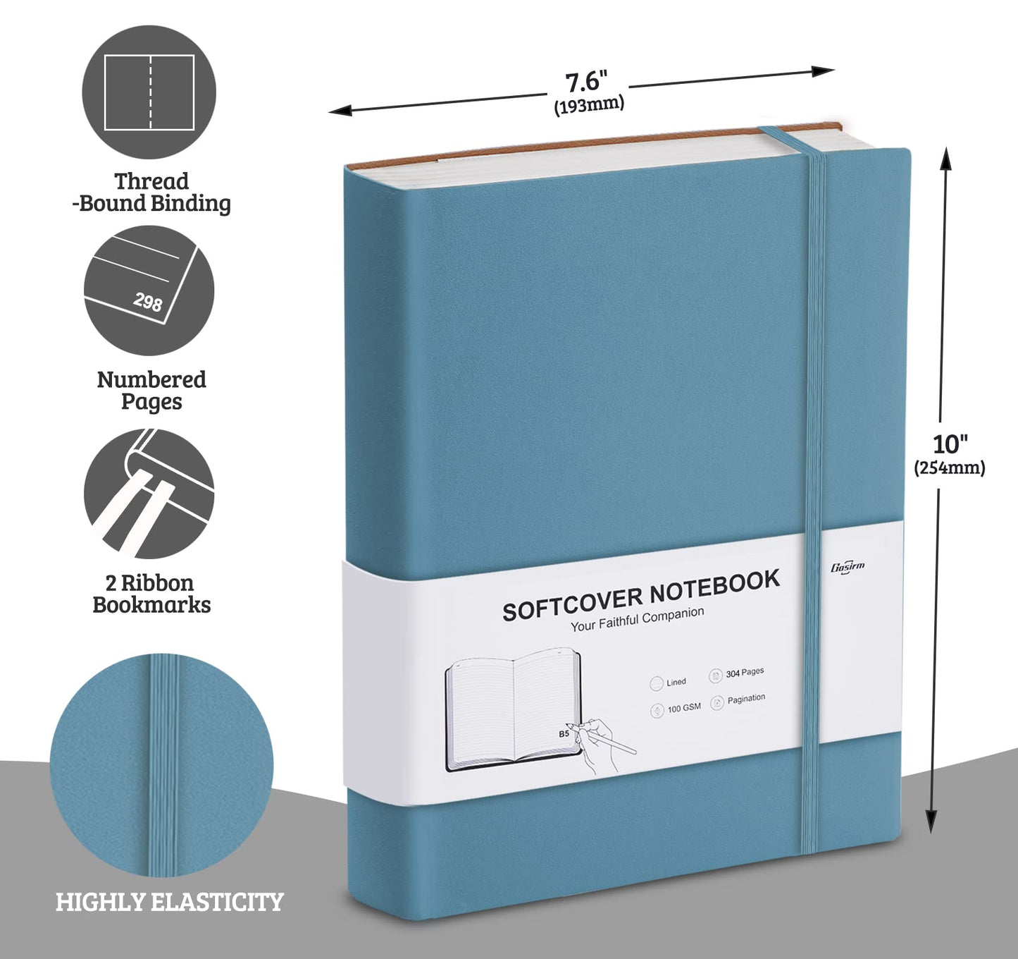 Lined Journal Notebook - 304 Numbered Pages Thick Journals for Women, Large B5 (7.6'' X 10'') College Ruled Notebook for Writing, 100gsm Thick Paper, Leather Softcover, for Men Work School, Blue