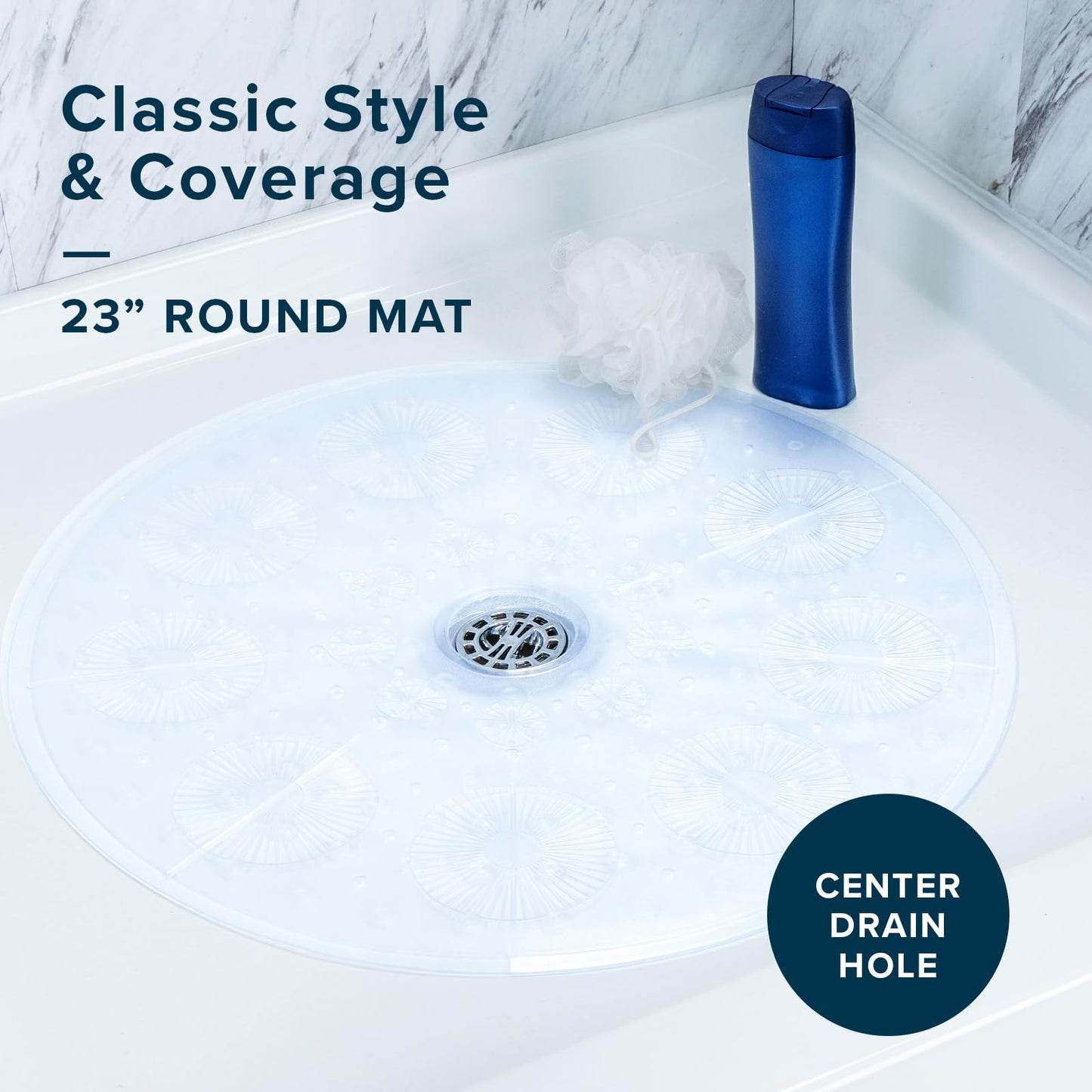 SlipX Solutions Power Grip Round Vinyl Standard Shower Stall Mat, 23” Round, Non-Slip for Elderly & Kids Bathroom, Essential Coverage, Drainage, 160 Suction Cups, Retro Style (2, Clear)