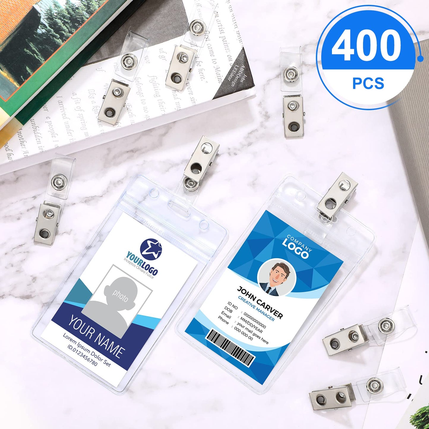 Marspark 400 Pack Metal Badge Clips with PVC Straps Double Hole ID Badge Clips for Name Tag ID Cards Holders, Office Supplies(Silver)