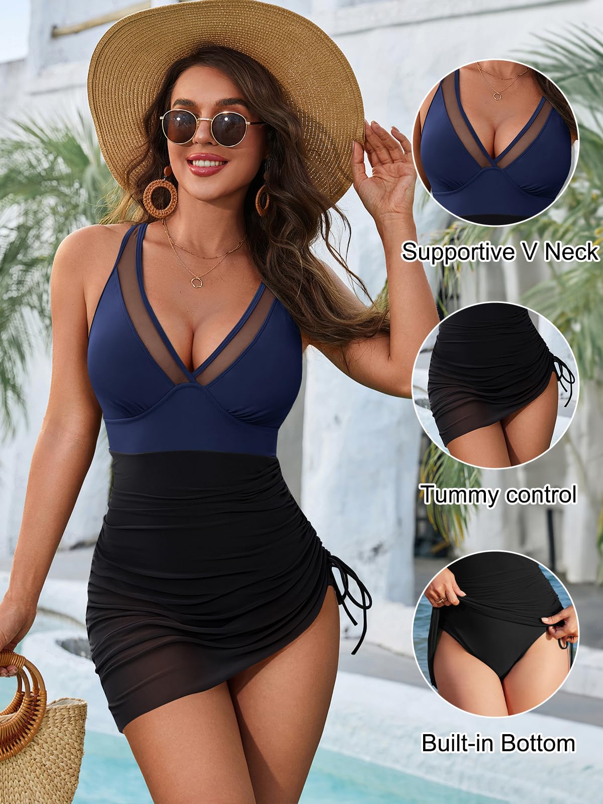 Blooming Jelly Women One Piece Swim Dress Tummy Control Swimsuits Modest Slimming Drawstring Swimwear V Neck Bathing Suit Swim Suits 2025 (XXL, Blue/Black)