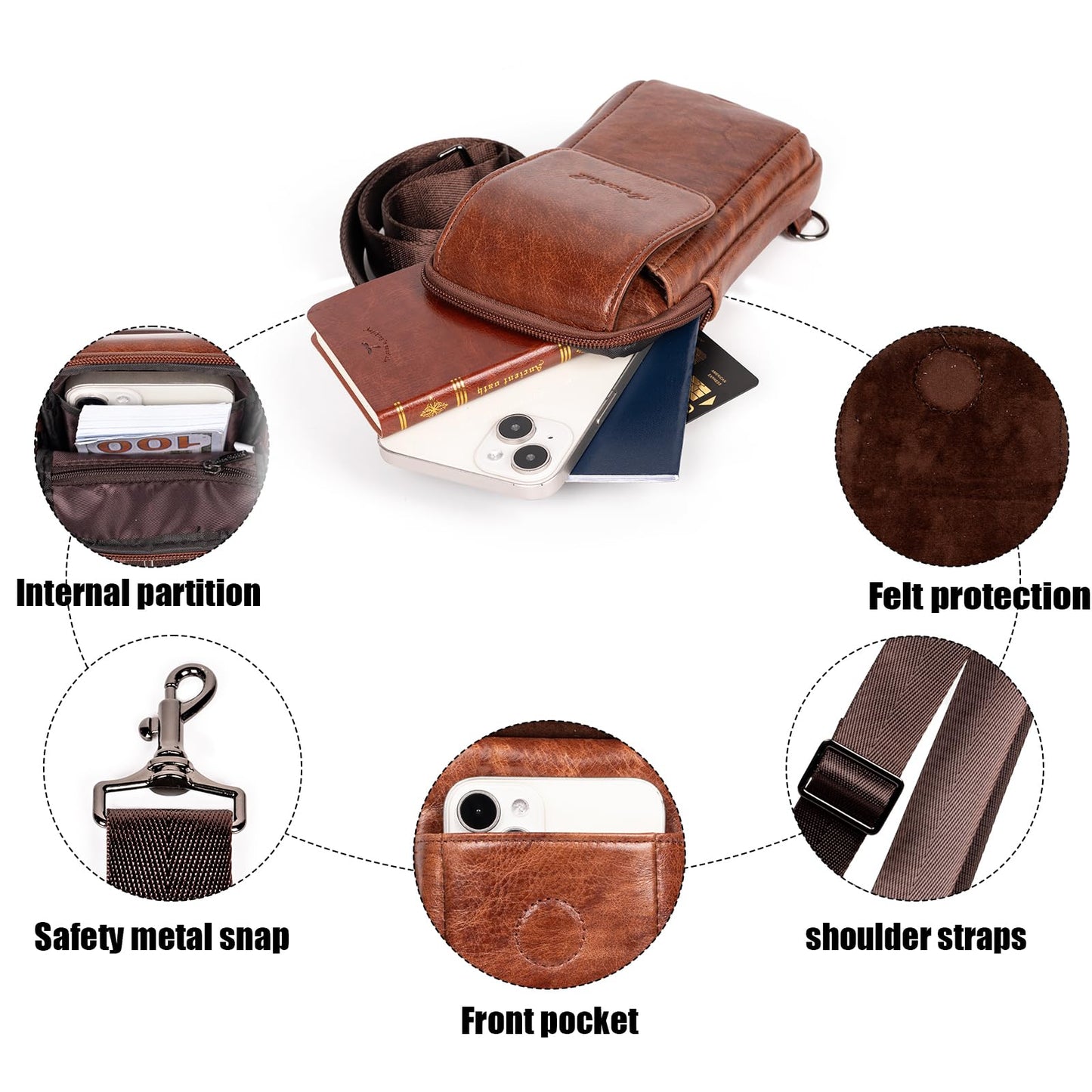 Ariscobull - Small Crossbody Bag for Men Women - Genuine Leather Mini Sling Bag with Charging Port - Travel Hiking Phone Daypack Cross Body Shoulder Bags (Coffe)