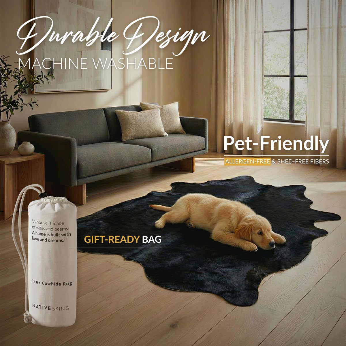 NativeSkins Faux Cowhide Rug – Midnight Black (Large) | 4.6ft x 6.6ft | Triple-Layer Support | Ultra-Soft Pile | Hand-Cut, Faux Suede No-Slip Backing | Western Rug | Cow Hide Animal Print