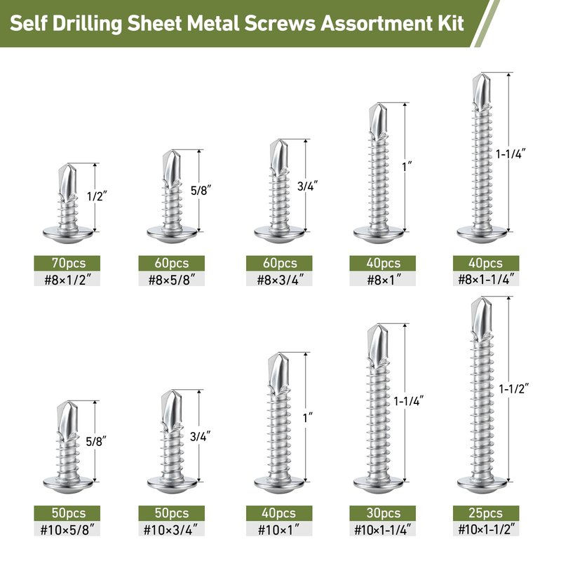 SVLING Self Tapping Screws Assortment Kit 465PCS, Modified Truss Head Sheet Metal Screws #8#10 1/2",5/8",3/4",1",1-1/4",1-1/2" Stainless Steel 410 Self Drilling Screw for Metal Wood Plastic