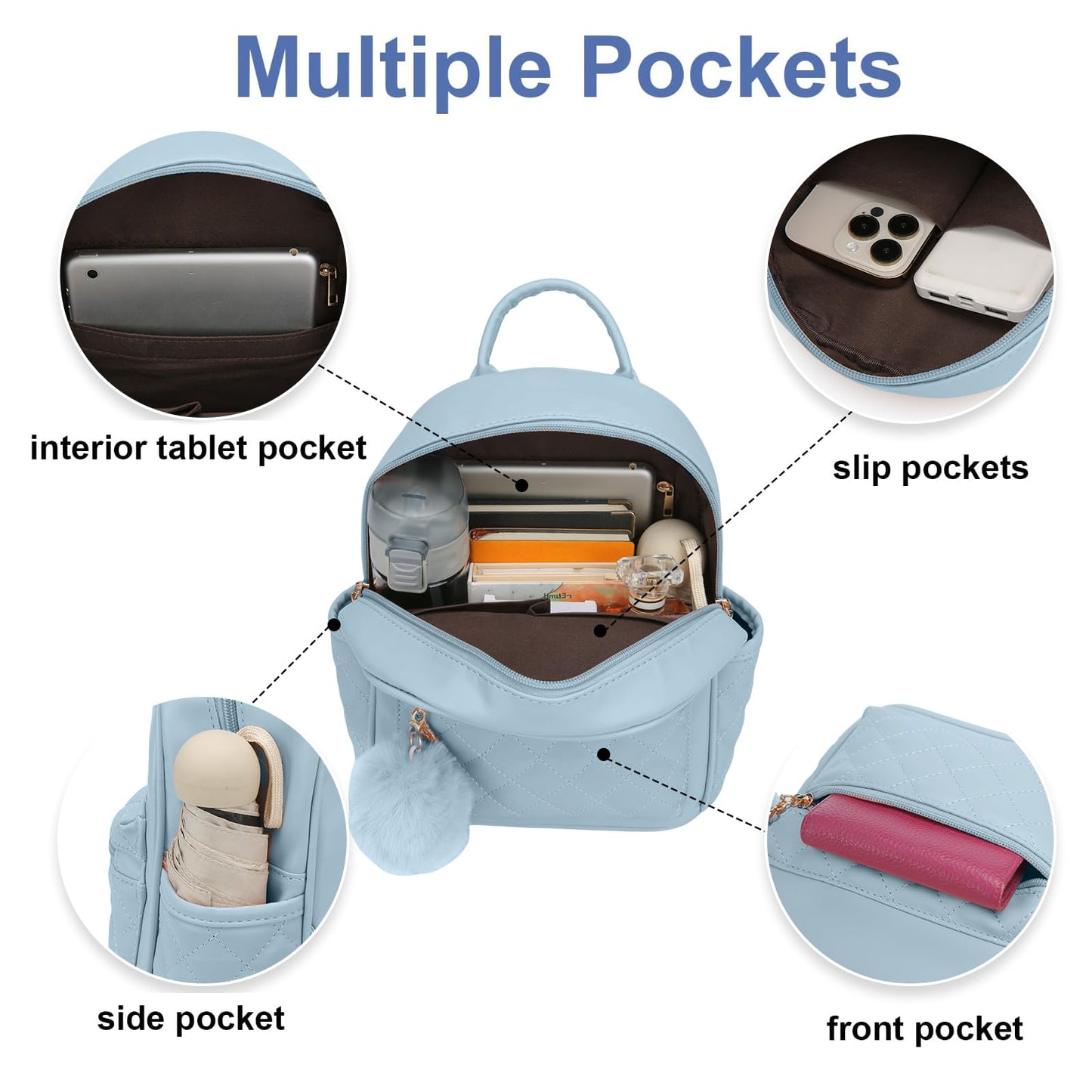 Girls Fashion Mini Backpack Purse Small Cute Plaid Leather Women Backpacks Little Bag, Mint Blue