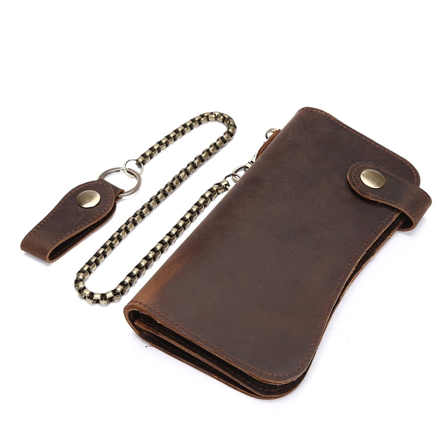 RS Mens Wallet with Chain Leather Long Bifold Trucker Wallet Vintage Biker Money Clip with Zipper(Brown w/Iron Chain)