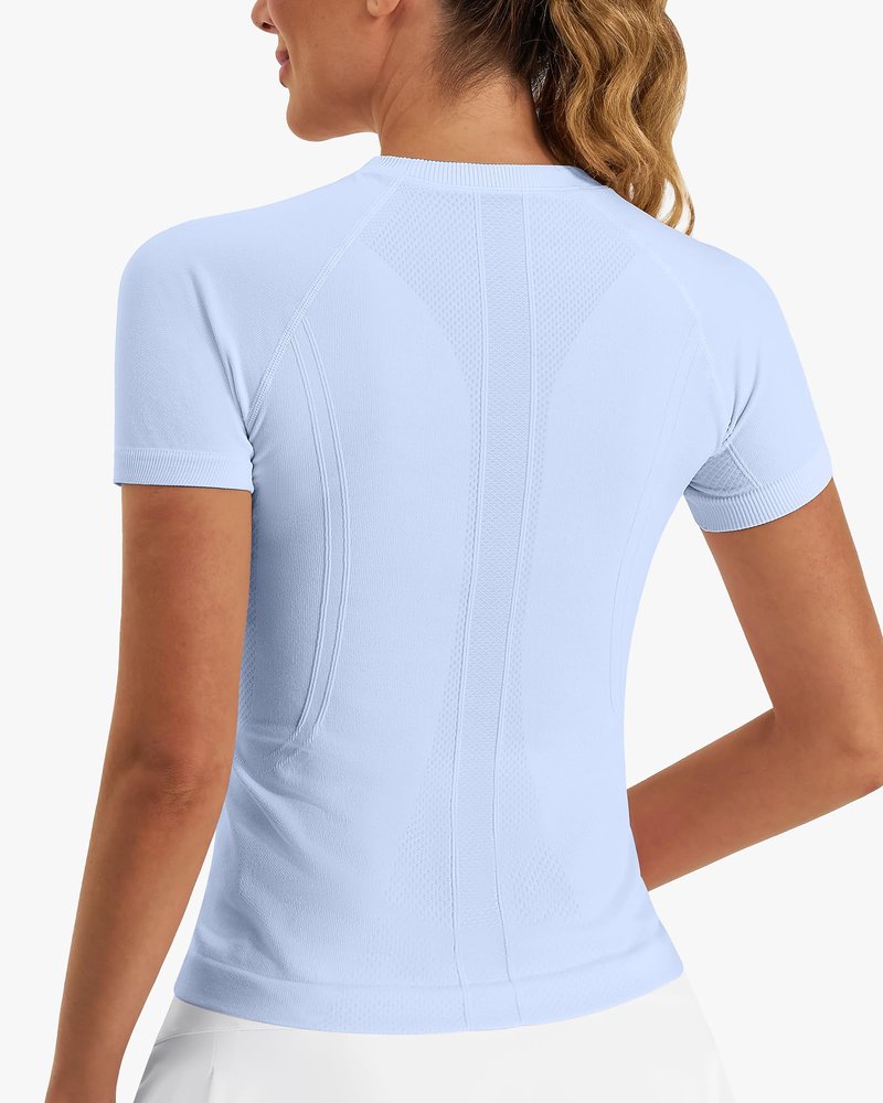 Stelle Women Workout Tops Short Sleeve Seamless Athletic Shirts Yoga Gym Sports Breathable Tees(Blue,S)