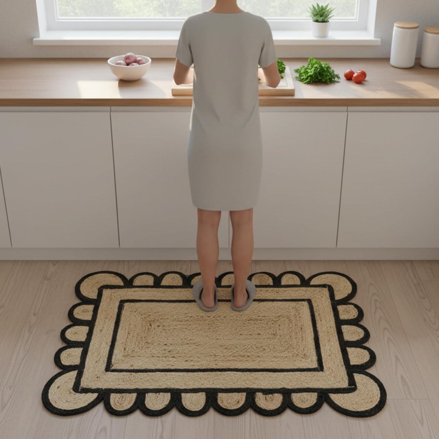 Braided Scalloped Jute Rug Natural with Black Trim, Handmade Farmhouse Boho Area Rug for Entryway, Kitchen, Hallway, Living Room, Bedroom, Rustic Woven Floor Rug - (Black- 2X3 ft)