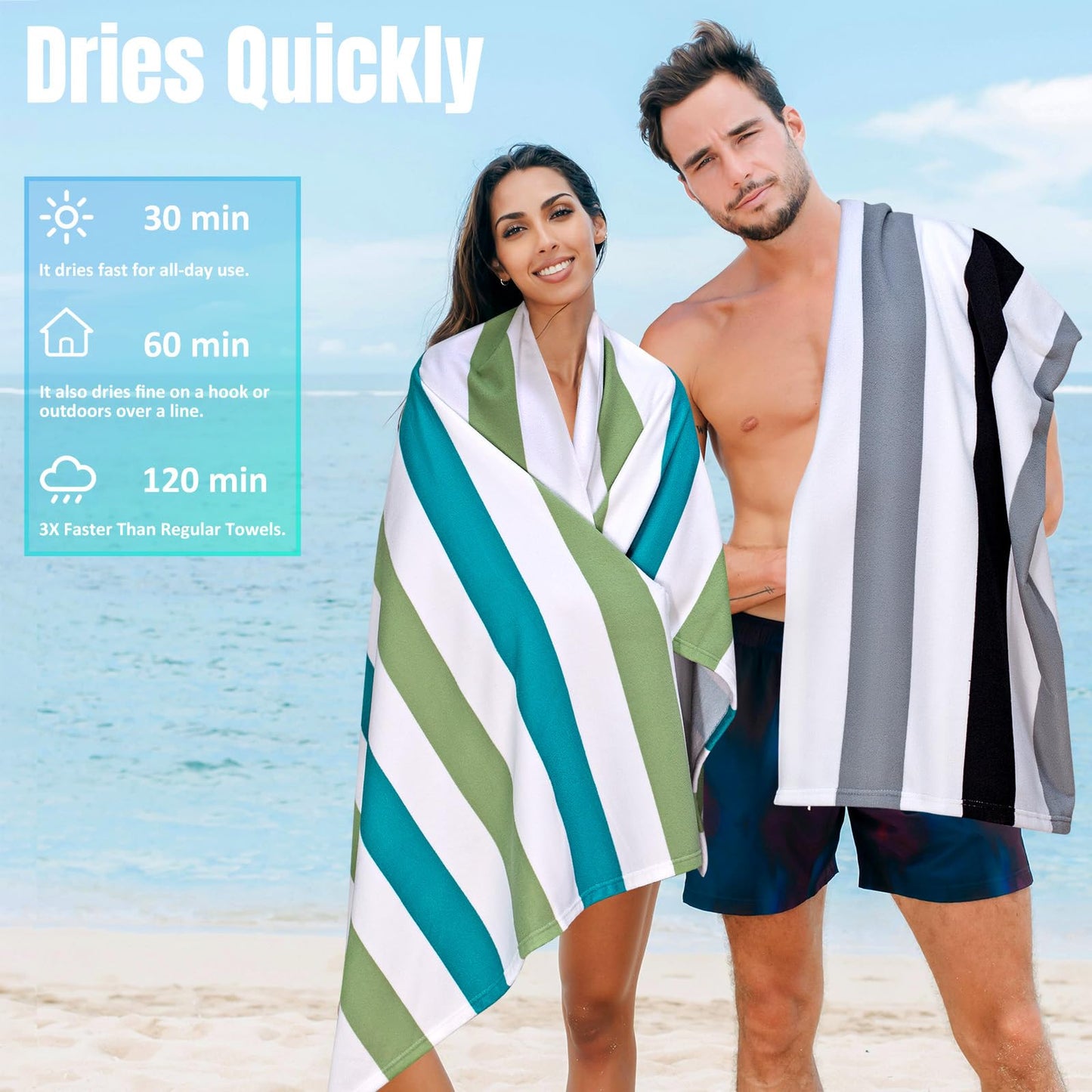 cabanana Large Oversized Beach Towel - Microfiber Sand Free 35 x 70 Inch Quick Dry Lightweight Pool Towel for Adults, Thin Striped Swim Towel (Black)