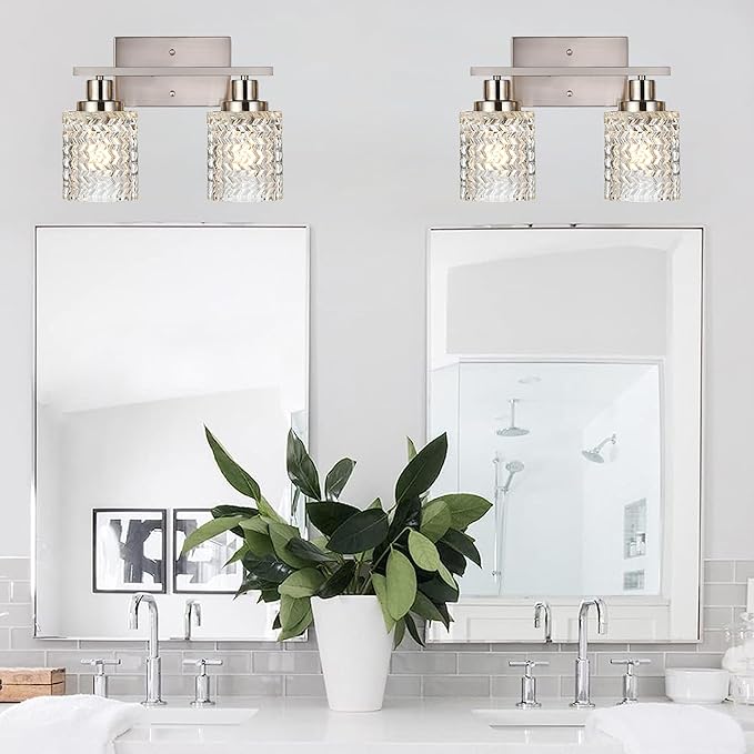 MELUCEE 2-Light Wall Sconce Lighting with Hammered Glass Shade, Brushed Nickel Bathroom Lights Over Mirror, Modern Vanity Lighting Fixtures for Porch Entryway Stair
