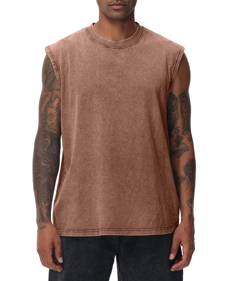 Mens Workout Tank Tops Sleeveless Tee Shirts Men Muscle Shirt Gym Acid Wash T Shirts Running Beach Loose Fit Tee(CF,M) Coffee
