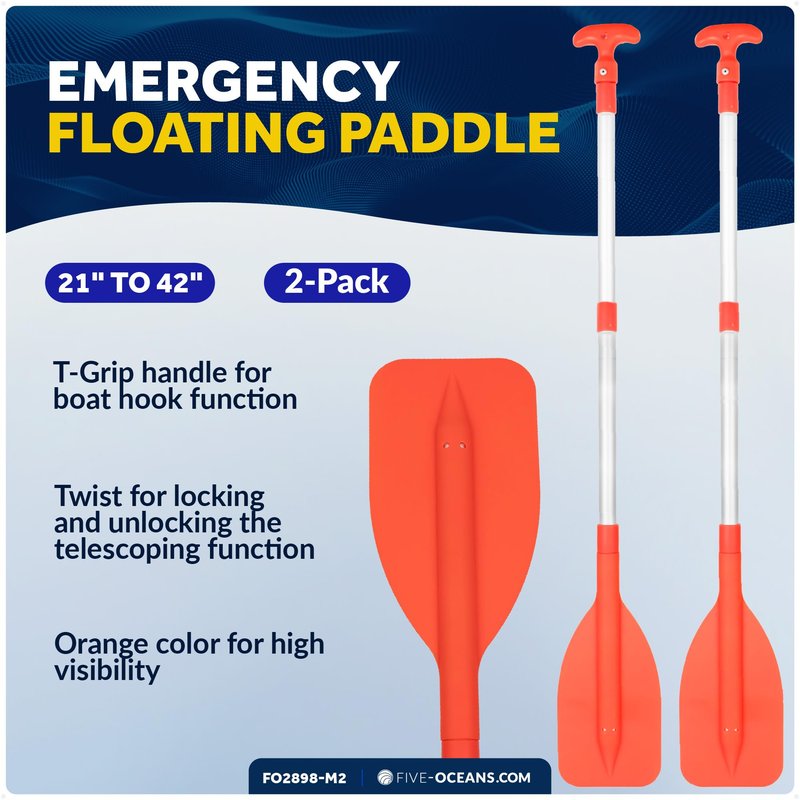Five Oceans Boat Paddle, 2-Pack Telescoping Paddle, Orange, Aluminum Shaft, ABS Blade & Handle, 21" to 42" Extendable, Emergency & Boat Hook Function - FO2898-M2