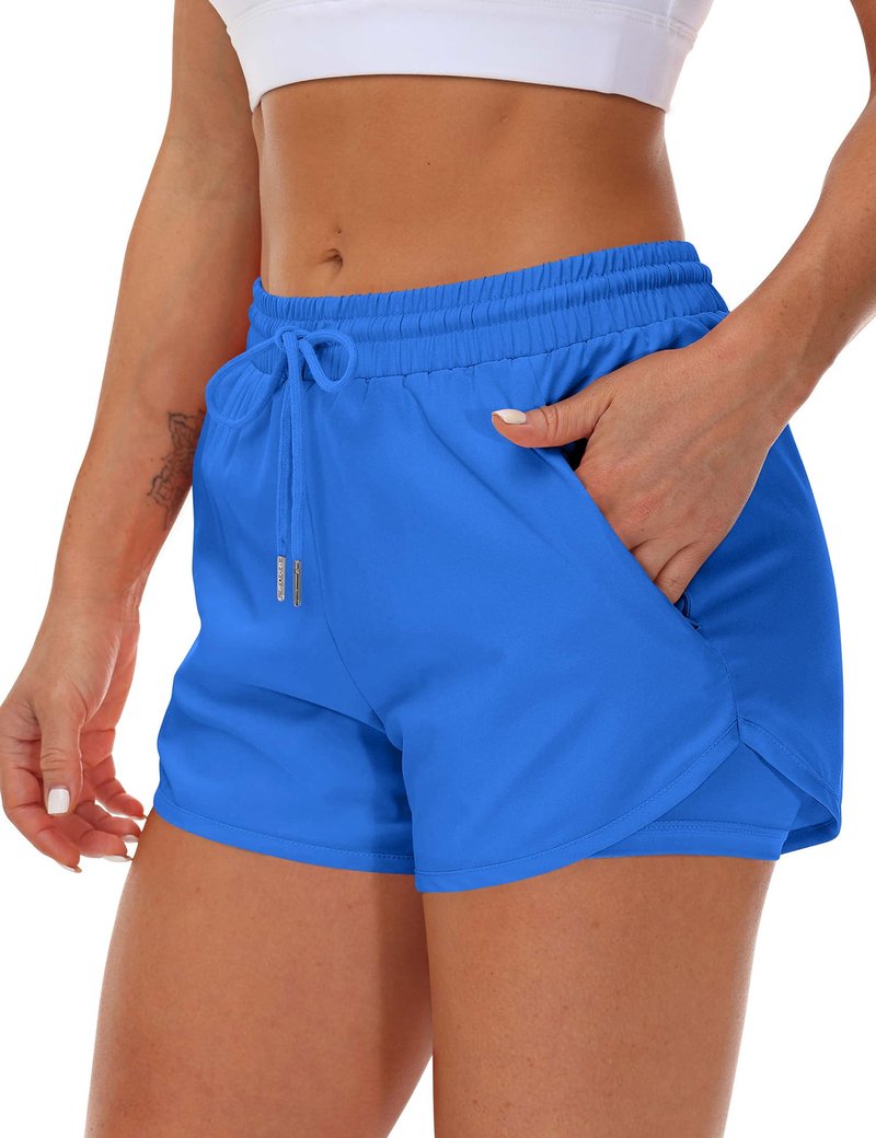 Mancreda Women's Running Shorts with Liner 3 Zipper Pockets Elastic Workout Athletic Gym Yoga Shorts(RB,M)