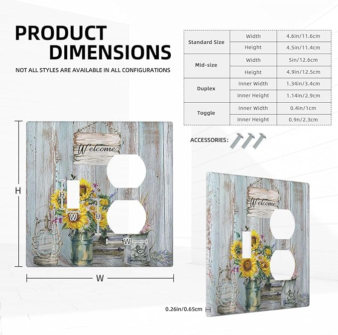 Decorative Light Switch Cover Plate Country Flower Vintage Wood Board Sunflower Butterfly 2 Gang Outlet Covers 1 Toggle 1 Duplex Wall Plate Decorate Electrical Switch Plate Covers for Bathroom Home