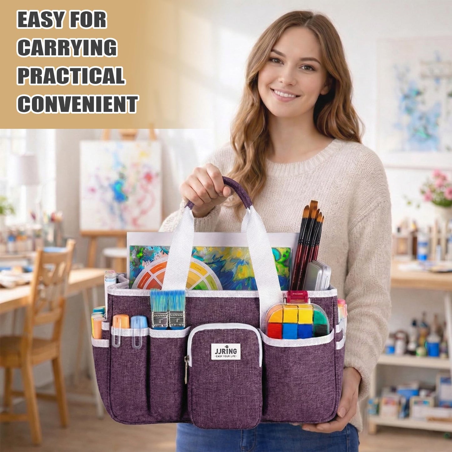 Jjring Craft Organizer Tote Bag, Portable Art Caddy with Adjustable Divider&Secure Zipper Pocket, Large Foldable Storage Tote for Scrapbooking, Sewing, Artist and Home(Deep Purple)