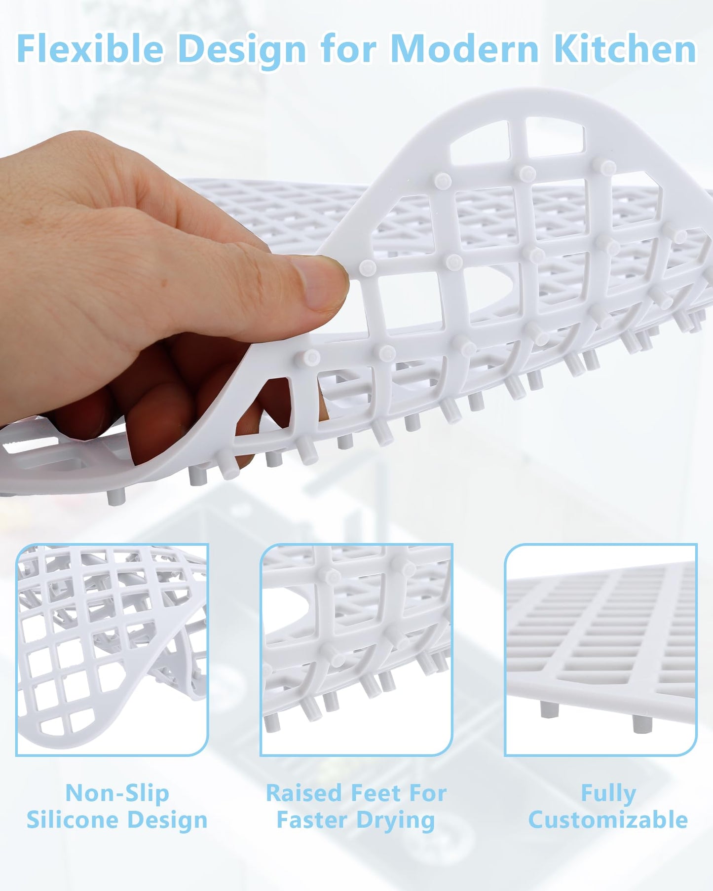 BEHOK 2 Pack Silicone Sink Protector for Kitchen Sink, Trellis Pattern 13 x 11 inches Sink Grid Mat Silicone Protectors, Center Drain, White