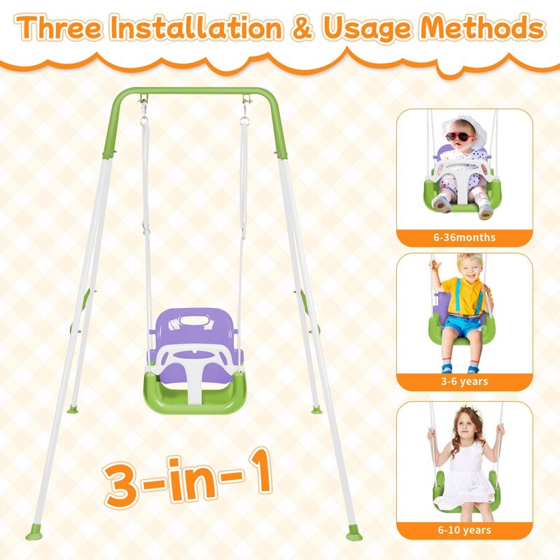 3-in-1 Toddler Swing, Foldable Indoor & Outdoor Baby Swing, Multifunctional Swings for Children 6 Months and Older, Easy to Assemble and Store for Backyard Play (Purple)