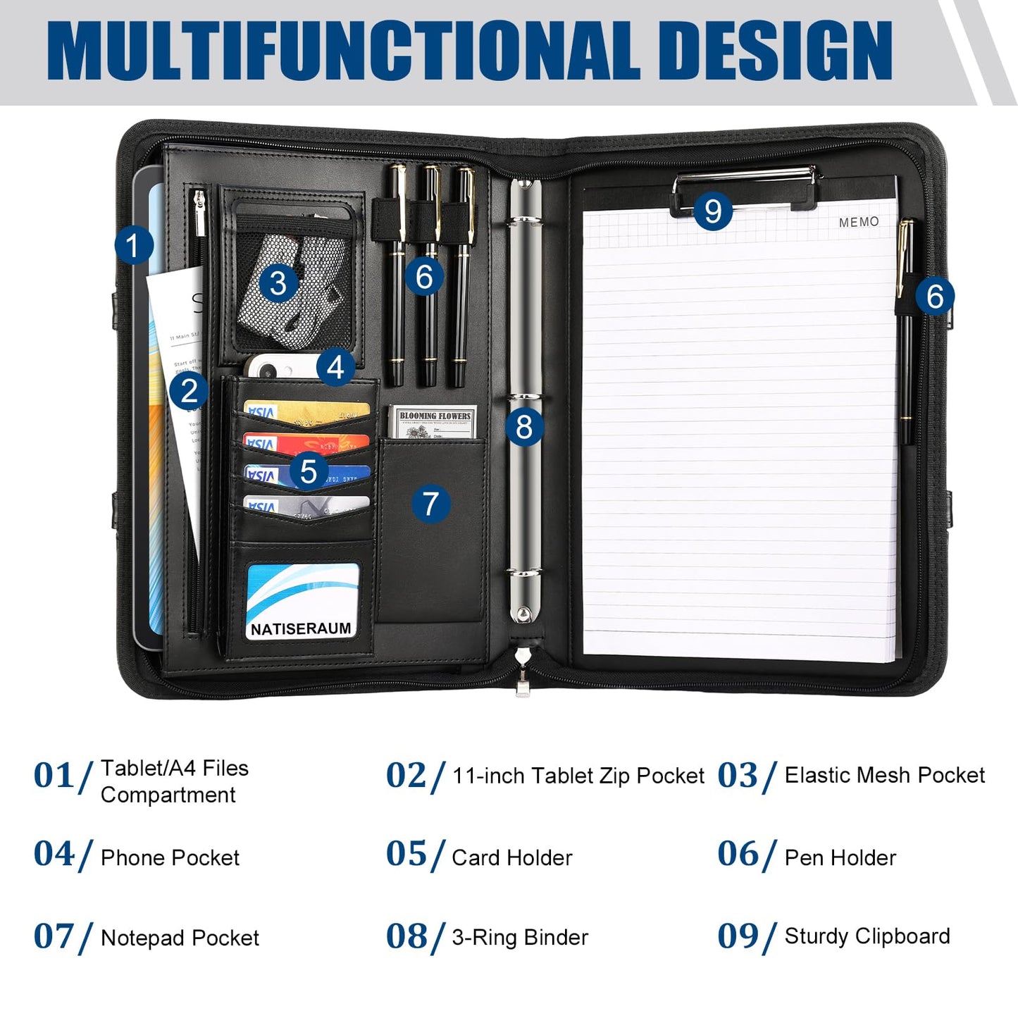 NATISERAUM Portfolio Binder 3 Ring Includes Pen and 5 Dividers with 10 Pockets, Padfolio Organizer with Zipper for Men and Women, Includes A4 Notepad for Business, School, Work