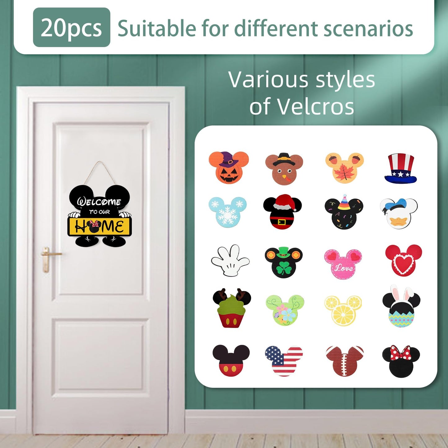 FUEMEILY Cute Mouse Seasonal Interchangeable Welcome Door Sign, Welcome to Our Home Sign with 20pcs Interchangeable Holiday Pieces for Farmhouse/Wall/Porch Decor and Housewarming Gift (Yellow)
