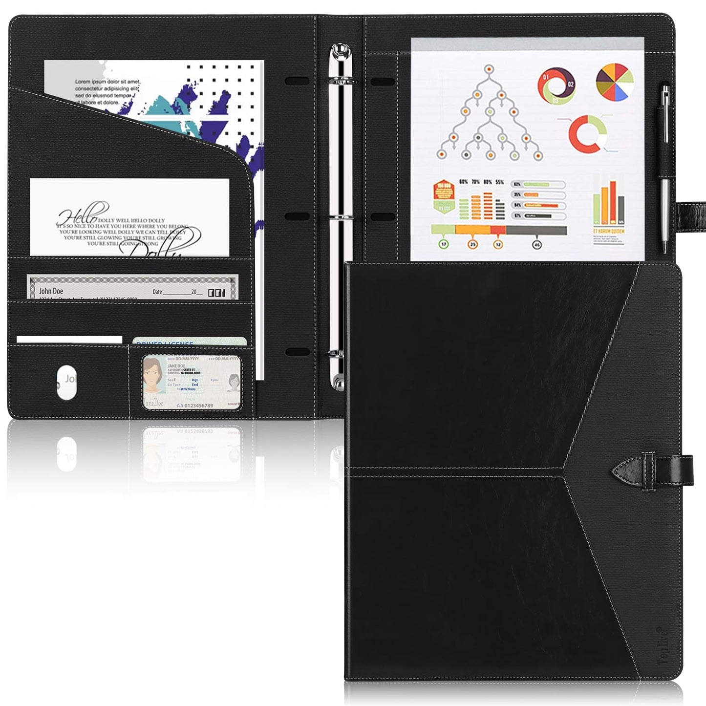 Toplive Padfolio 3 Ring Binder Organizer Business Portfolio Folder for Women, A4/ Letter Size PU Leather Professional Portfolio Padfolio for Interview Conference Presentation, Black