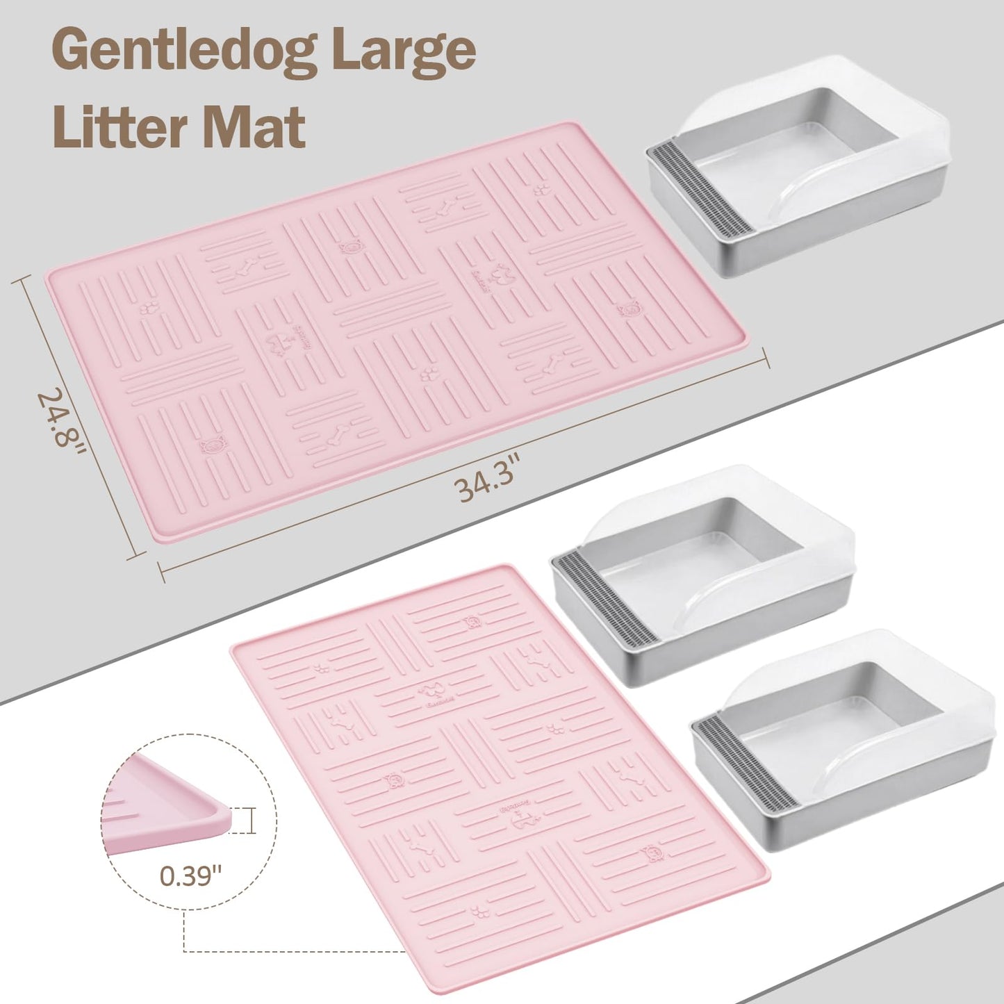 Gentledog Large Silicone Cat Litter Mat, 34.3" X 24.8" Litter Trapping Mat, Soft and Waterproof Cat Litter Box Mats for Floor-Pink