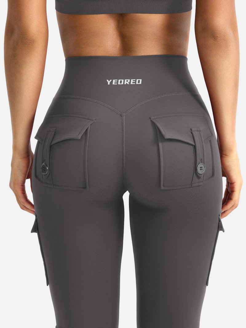 YEOREO CoreFlex Women Workout Flare Leggings with Pockets Scrunch Cargo Gym Yoga Leggings Dark Grey M