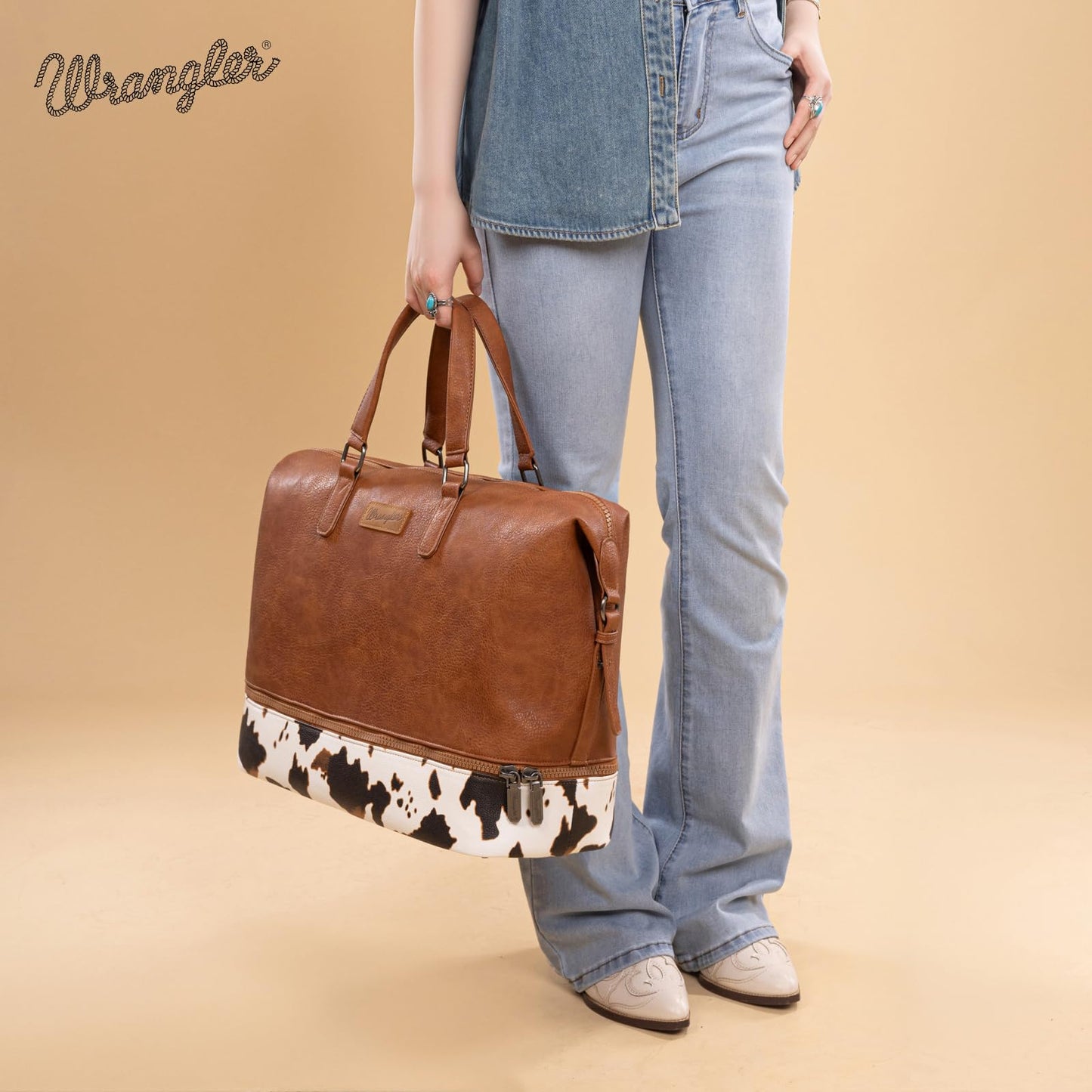 Wrangler Travel Duffel Bag Carry On Overnight Bag with Shoe Compartment Cow Print Weekender Bag for Women WG253-5110COW-BR