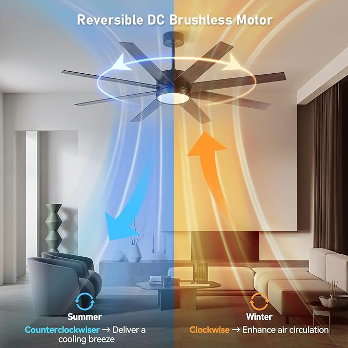 Ceiling Fan with Light, 60 inch Modern Ceiling Fan with Remote Control, Reversible DC Motor, Stepless Dimmable, Noiseless for Indoor Use, Black & Brown