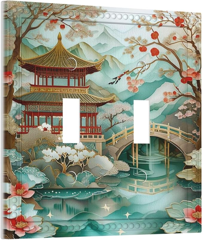 Asian Palace Traditional Bridge Cherry Blossoms Light Switch Covers Double Toggle 2 Gang Wall Plate Dual Decorative Switchplate Electrical Faceplate for Farmhouse Decor