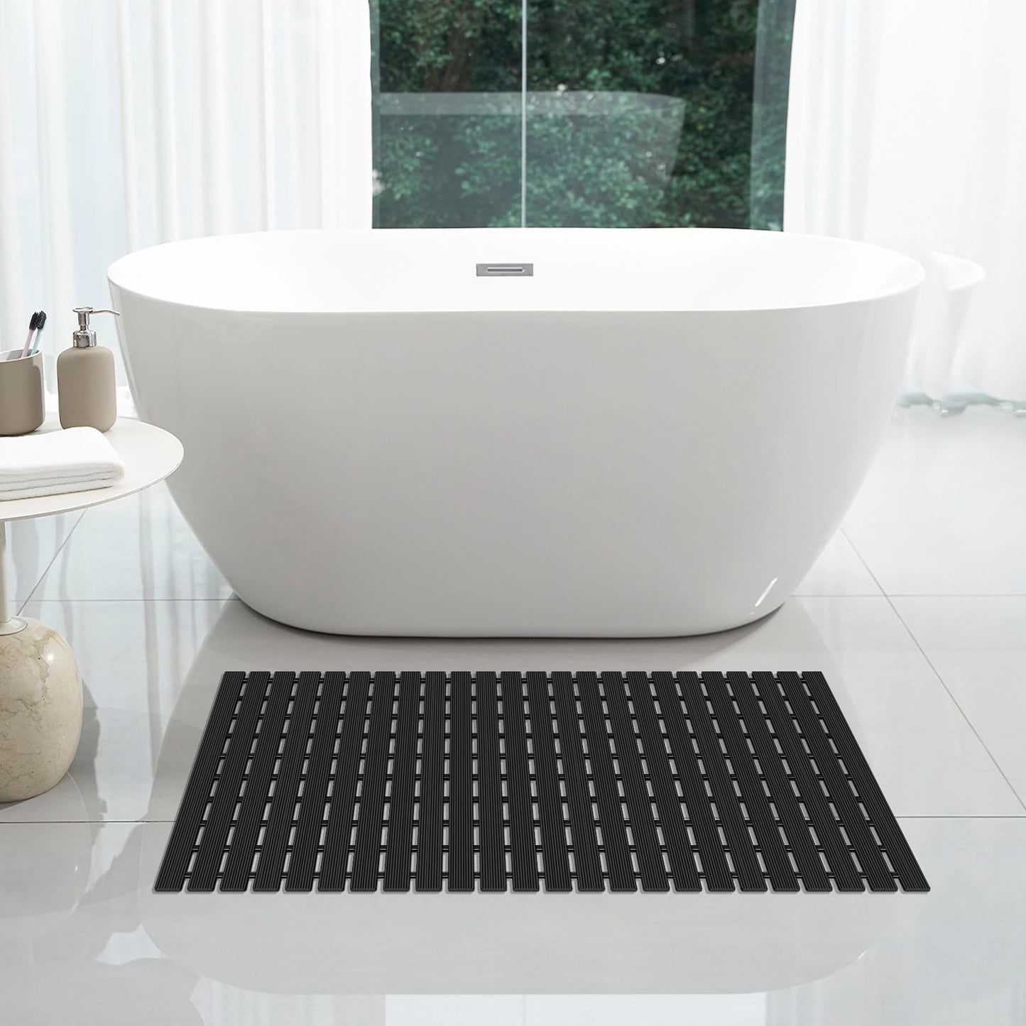 OTHWAY Large Shower Mat, 35.4 x 24 Inch No Suction Cup Shower Mat Non Slip, Quick Drain Non Slip Shower Mats for Inside Shower, Heavy Duty Curlable PVC Stand up Shower Floor Mat, Black
