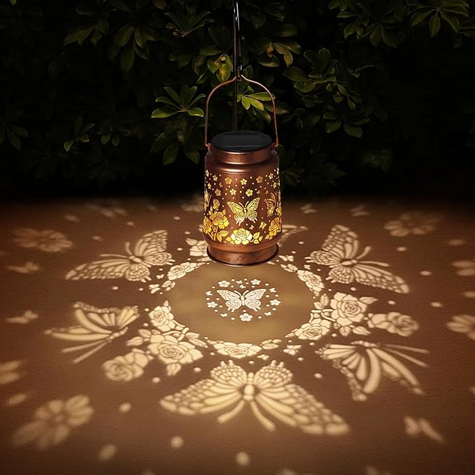 Butterfly Solar Lanterns Outdoor Waterproof Rose Garden Decor Gifts for Women Mom Grandma Hanging Solar Lights Metal Solar Decoration Outside for Yard,Patio,Backyard,Porch